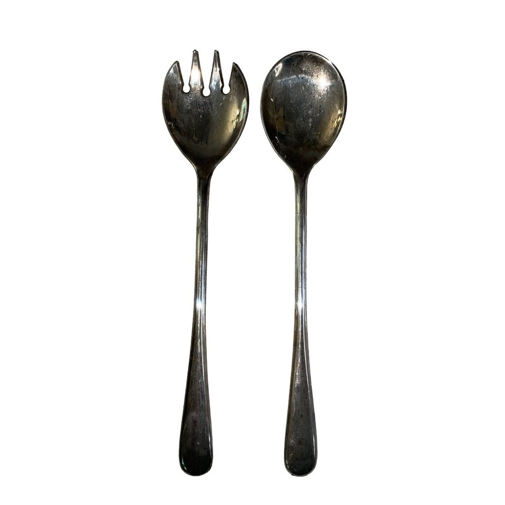 Vintage Salad Serving Utensils Used Silverplated Made in Italy Two Piece Spoon F